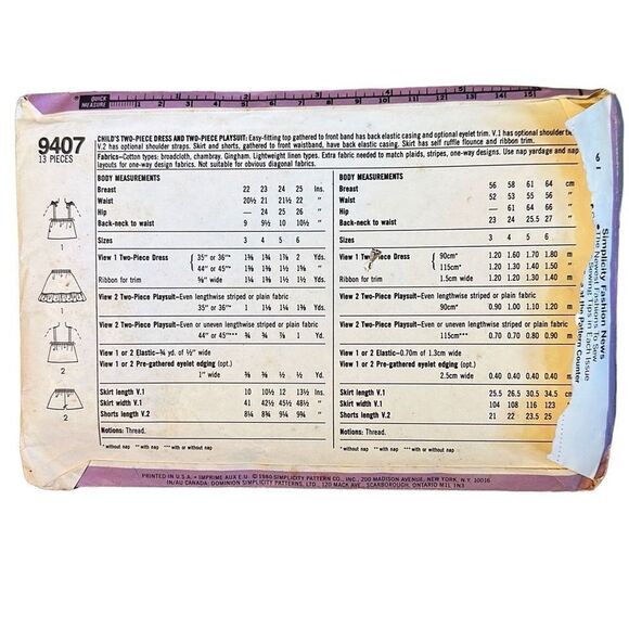 Vintage Simplicity 9407 Child's Dress & Playsuit Sewing Pattern Size 4 Uncut (19 - Picture 2 of 3